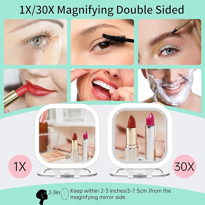 FASCINATE Rechargeable Travel Makeup Mirror 30X Magnification, Lighted Portable Vanity Mirror with 3 Colors Lighting & Stepless Dimming, Double Sided LED Mirror, Gift for Women (White+Bag)