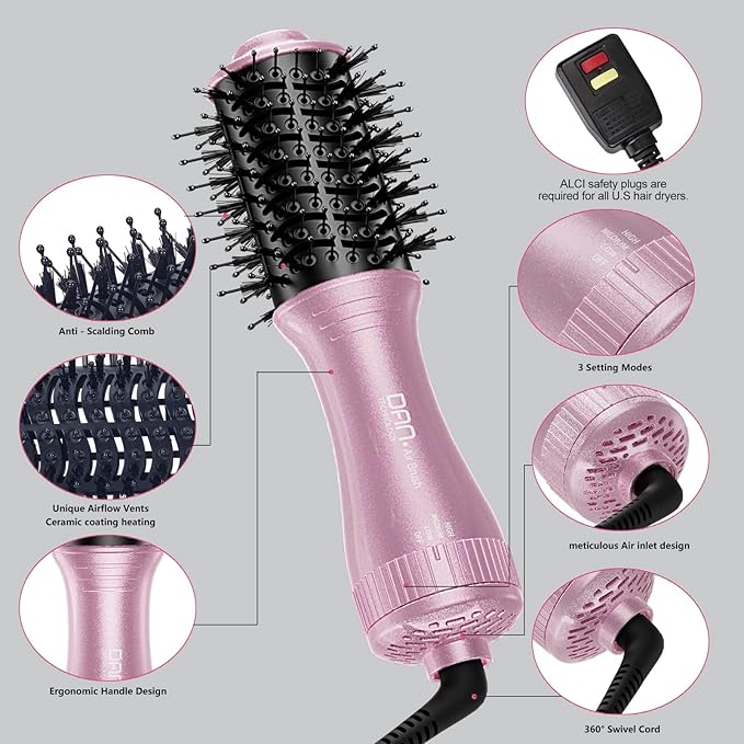 DAN Dual Voltage Hair Dryer Brush,2 inch Blow Dryer Brush,110V-120V/220V-240V Automatic Dual Voltage,smallBrush Hair dryers with Multifunctional Conversion Plug,for European and Travel Use