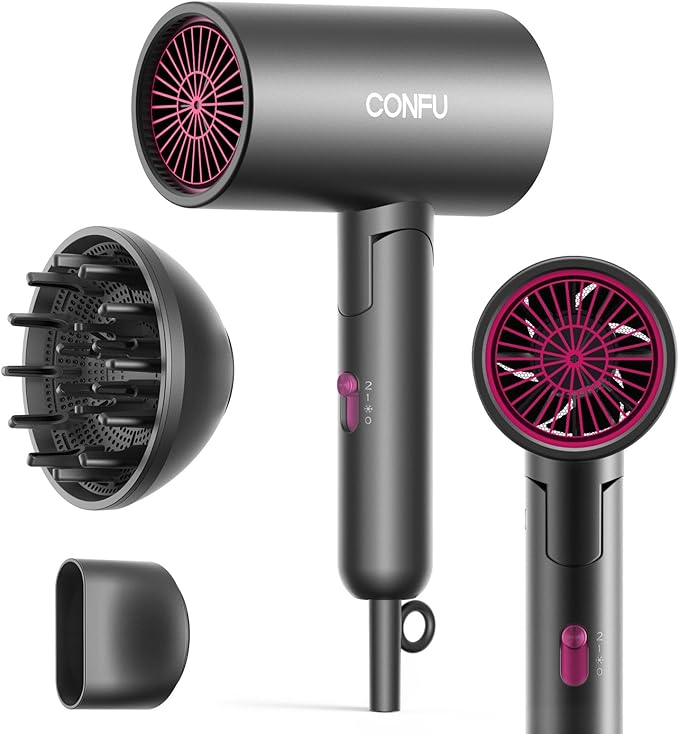 CONFU Diffuser Hair Dryer for Curly Hair,1500W Fast Drying Blow Dryer with Diffuser for Women,Compact & Portable Negative Ion Hairdryer Blowdryer,Lightweight and Foldable Design for Travel(Gray)