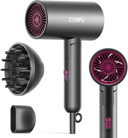 CONFU Diffuser Hair Dryer for Curly Hair,1500W Fast Drying Blow Dryer with Diffuser for Women,Compact & Portable Negative Ion Hairdryer Blowdryer,Lightweight and Foldable Design for Travel(Gray)