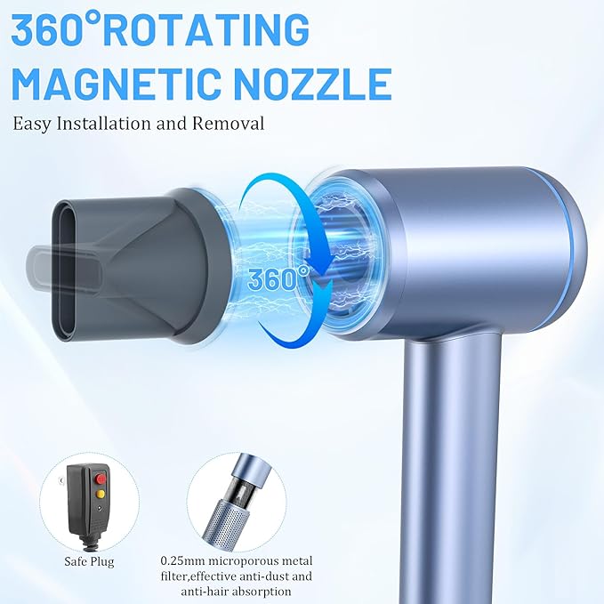 AOMEES Hair Dryer, 1600W Professional High Speed Ionic Hair Dryer with HD Display, 4 Temperature Modes and 3 Speed with Memory Function, Sky Blue, Metal
