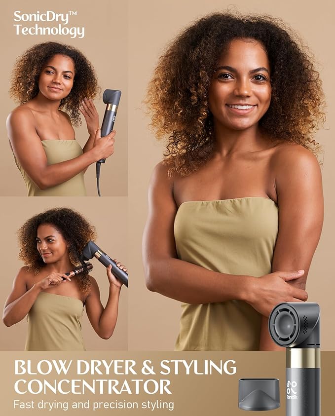 FanttikSolo 6 in 1 AirWave Air Auto Wrap Styler, Ionic Hair Dryer Brush for Curling, Straightening, Volumizing and Drying, Hair Multi-Stylers with Storage Bag, Curlers, Smooth Brush, Concentrator