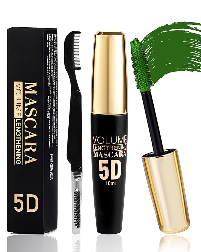 Green Waterproof Mascara for Eyelash, 5D Silk Fiber Lashes Extension Colored Tube Mascara with Eyelash Brush, Long Lasting Smudge-proof Volumizing Lengthening, St Patrick's Eye Makeup Gift for Women