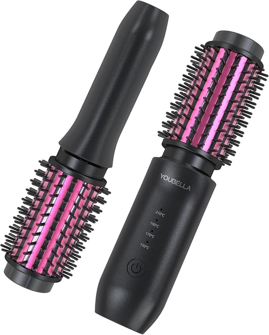 Youbella Cordless Hair Curling Iron Brush, Mini Travel Hot Straightener Comb, 3-in-1 Portable Wave Curling Wand, 1.5″ Ionic Heated Brush, USB Rechargeable Hair Curler, Black – No Automatic Rotation
