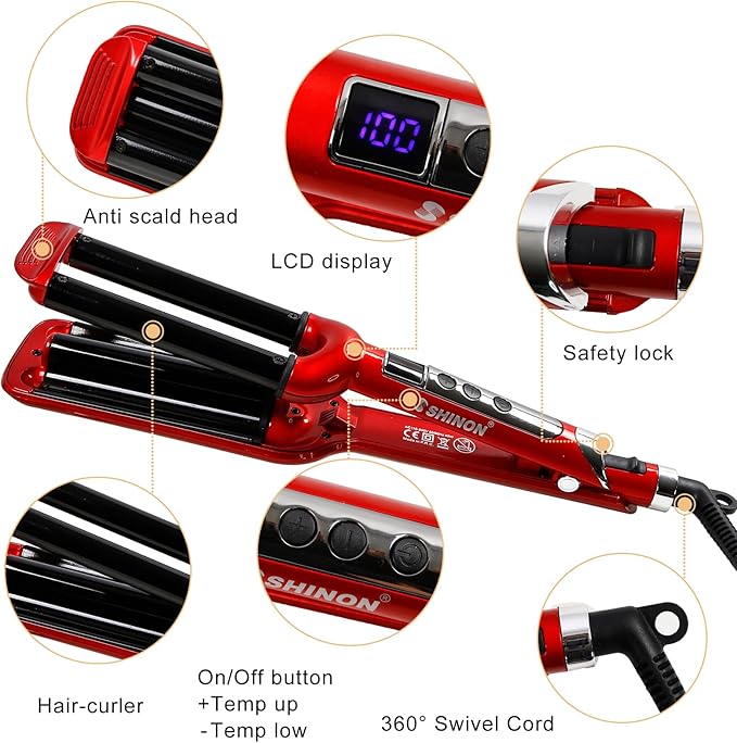 Mannice Ceramic Hair Iron, 3 Barrel Curling Iron 0.6 inch / 16mm Perm Instant Curls, Hair Crimper and Wavers, Red (8 inches), Ideal Gift for Valentine's Day or Mother's Day