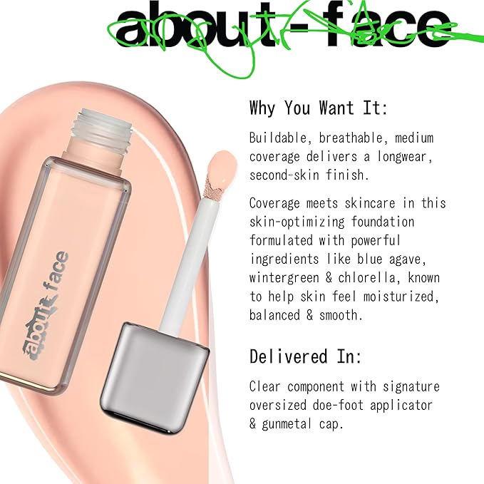 about-face THE PERFORMER Skin-Focused Foundation L1Cool – Medium Coverage, Long-Wear, Breathable & Buildable Base – Clean, Vegan, Hydrating Formula with Blue Agave & Chlorella – 1.08oz