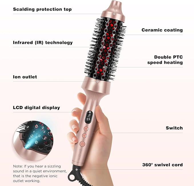 Prizm Infrared Thermal Brush Curling Brush, 1.5 Inch Ionic Heated Round Brush for Blowout Look, 4 Temp Settings & LED Display, Anti-Scald Design, Dual Voltage Hot Brushes for Voluminous Curls, Gold