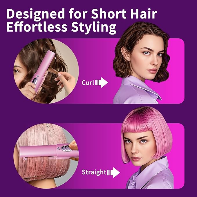 Small Titanium Flat Iron for Short Hair, Mini Cordless Hair Straightener and Curler for Travel, Dual Voltage, Portable, Rechargeable, Fast Heating, 5000mAh Battery, 3 Temp Settings(Shocking Pink)