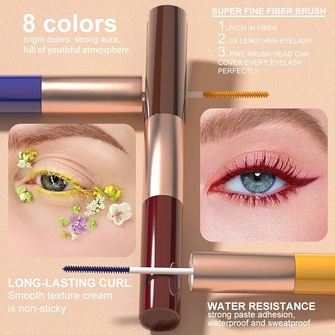 Waterproof Colorful Mascara with Small Brush, 1 Mascara with 2 Colors, Multi-Color, 2 Brush 2 Colors, Smudge-Proof, Long-Lasting, Volume and Lengthening, No Clumping (Green & Purple)