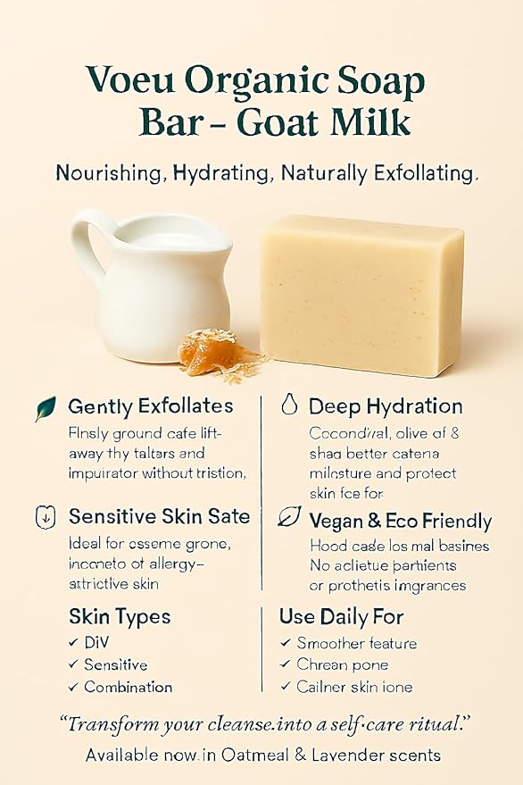 Organic Soap Bar – Natural Exfoliating Cleanser Hydrates & Unclogs Pores – Gentle Skincare for Sensitive Skin (Goat MIlk)