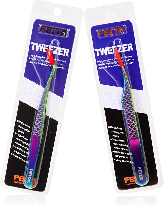 FEITA Diamond Grip Eyelash Extensions Tweezer Lash Precision Tweezers, Japanese Steel Dolphin-shaped & Angled Tip, False Lashes Application Tools, Multi-color 2Pcs