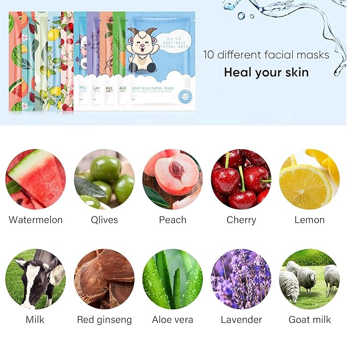 30 Sheets Face Masks Skincare for All Skin Types, Hydrating Facial Masks with Natural Ingredients, Moisturing Face Masks for Sensitive Skin, Oil Contral Facial Mask for Women