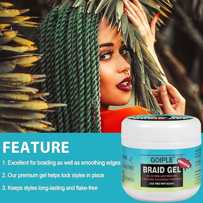 Goiple Braiding Gel Good for Twist, Locs, Braids, Edge No Flake Extra Hold High Shine Braid Gel & Edge Control, Loc Gel Long Lasting for Locks, Cornrows Smooths & Tames Frizz (Tea Tree)16 OZ, Blue