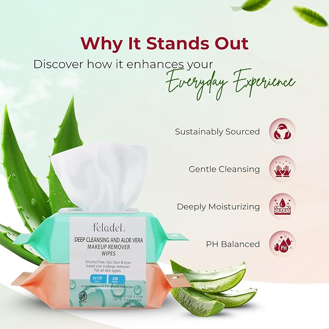 FELADEL - 240pcs Makeup Remover Wipes Set - 120pc Aloe Vera Face Makeup Wipe +120pc Deep Cleaning Makeup Remover Wipe | Easily Removes all difficult makeupes. Ultra-Soft Face wipes