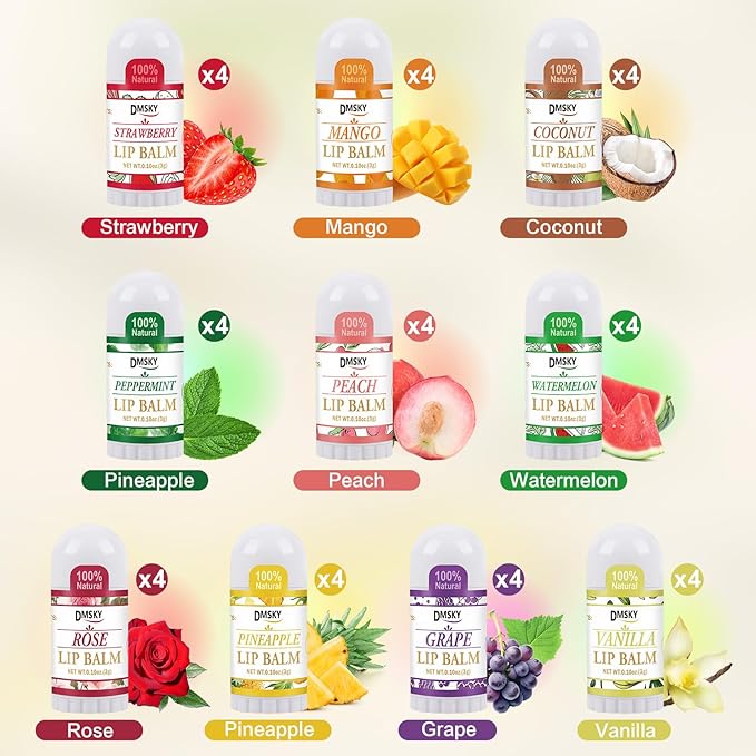 DMSKY 40 Pack Mini Lip Balm, Natural Lip Balm Bulk with Vitamin E and Coconut Oil, Moisturizing Lip Balms for Dry Cracked lips - 10 Flavors