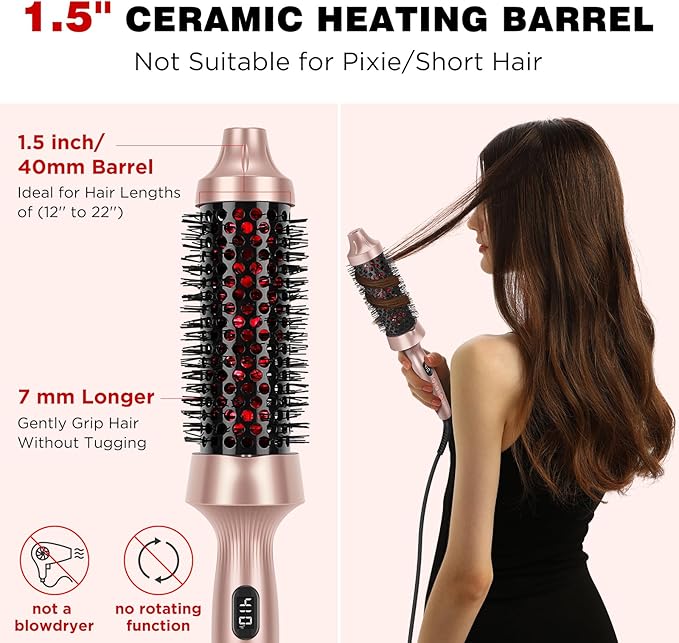 Prizm Infrared Thermal Brush Curling Brush, 1.5 Inch Ionic Heated Round Brush for Blowout Look, 4 Temp Settings & LED Display, Anti-Scald Design, Dual Voltage Hot Brushes for Voluminous Curls, Gold