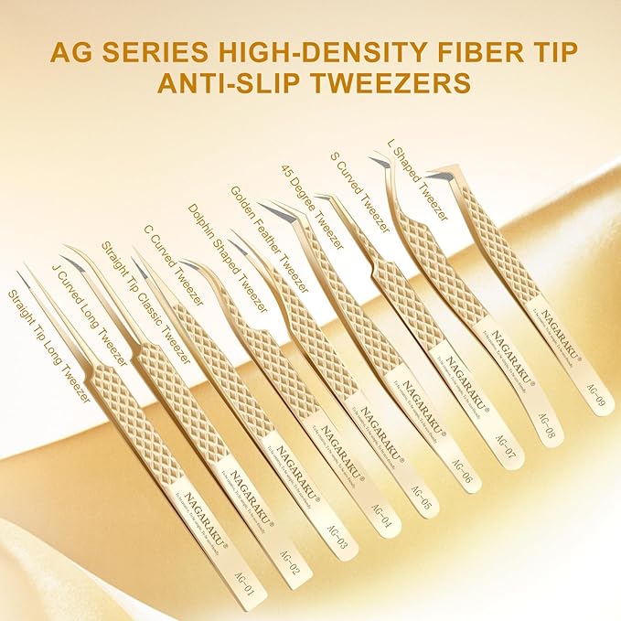 NAGARAKU Eyelash Tweezers, Precision Fiber Tip Tweezer for Eyelash Extensions Diamond Grip Anti-Static Anti-Slip Premium Gold Stainless Steel Pointed Lash Tweezers -Straight Tip Classic Tweezer AG-03