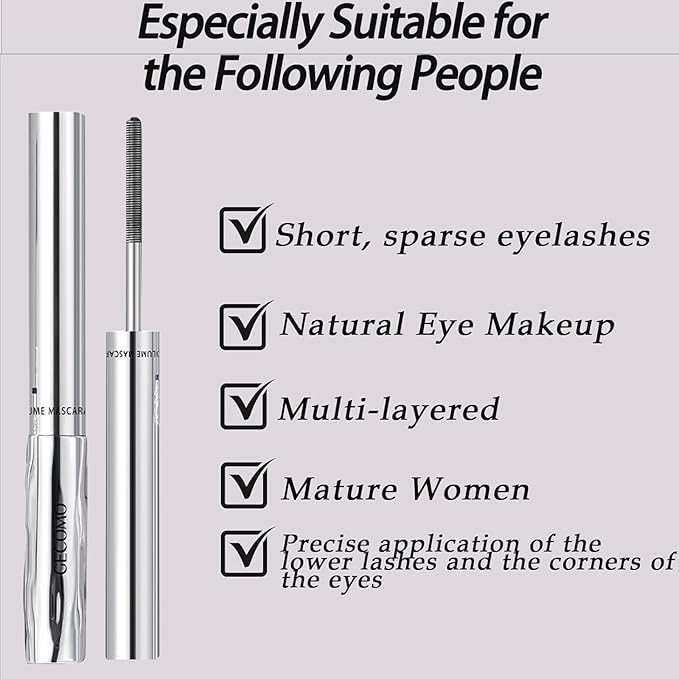 2PCS Black Mascara for Older Women 60 Plus, Volumizing Waterproof Mascara for Fine Short Lash, Hypoallergenic Sensitive Eyes - Ultra-Precise Slim Brush, Smudge-proof
