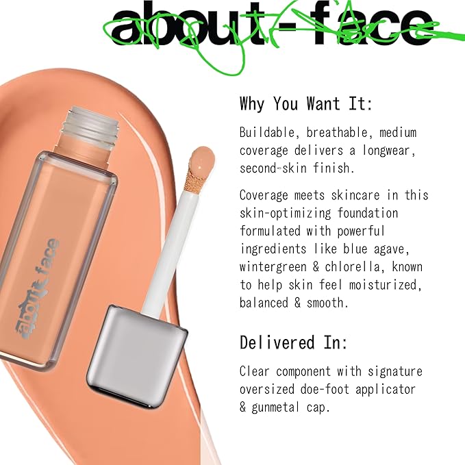 about-face THE PERFORMER Skin-Focused Foundation M2Cool – Medium Coverage, Long-Wear, Breathable & Buildable Base – Clean, Vegan, Hydrating Formula with Blue Agave & Chlorella – 1.08oz