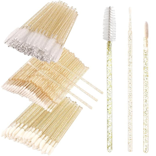 300 PCS Eyelash Extension Supplies Kit, Disposable Micro Swab Brush, Eyebrow Spoolie, Lip Brush, Mascara Wand Applicator (Crystal gold handle white kits)