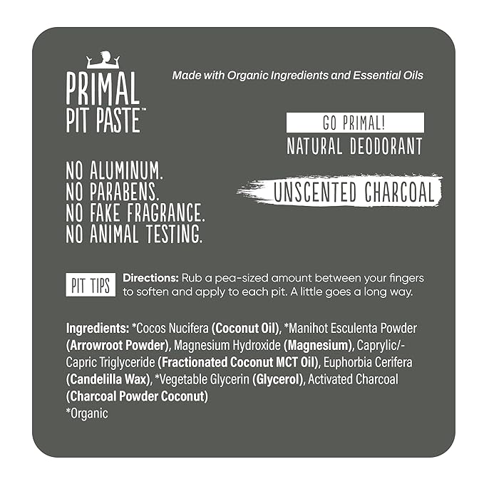 Primal Pit Paste Natural Aluminum-Free Deodorant with Charcoal, Baking Soda-Free, Unscented Charcoal (1-Pack) | Sensitive Skin Friendly, Effective Odor Control for Women & Men, Organic Ingredients