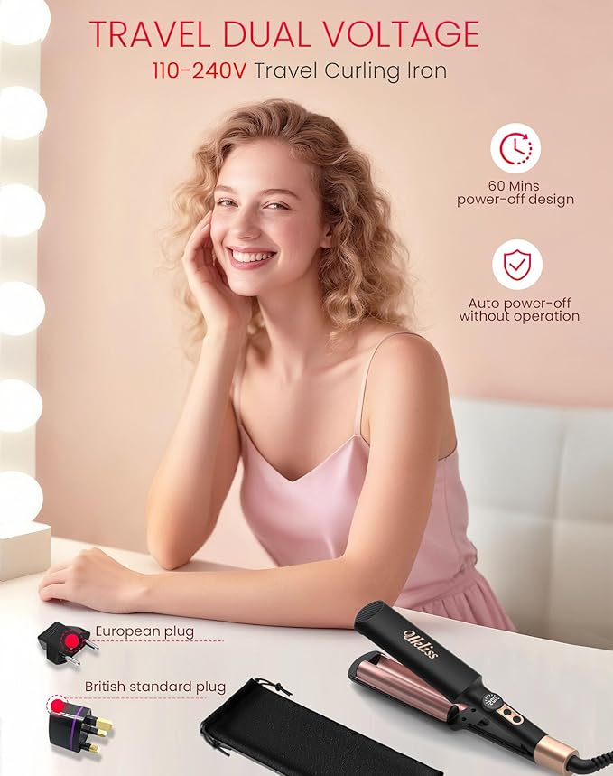 Ukliss Crimper Hair Tool Mini 0.4 Inch Travel Waver Hair Tool for Women Small Double Barrel Waver S Curling Iron Dual Voltage (110-240V) with European Plug Adapter, 5 Temps, Anti-scalding (Black Gold)