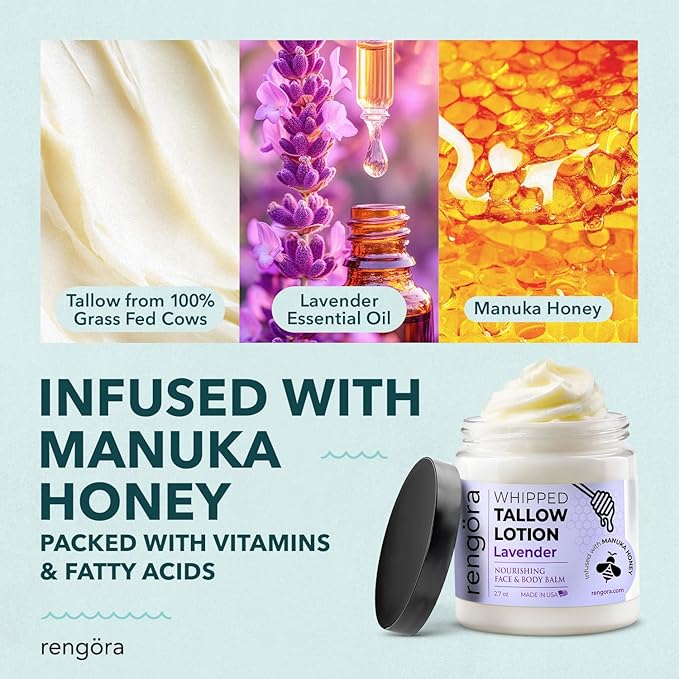 rengöra Whipped Tallow Balm - Lavender Beef Tallow for Skin 2.7oz - Grass Fed Beef Tallow Made in USA - Intense Hydration Skin Moisturizer for Men + Women with Jojoba Oil and Manuka Honey