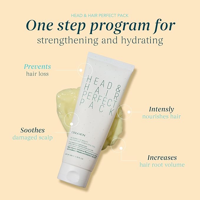 CELGEN] Head & Hair Perfect Pack – Deep Repair & Conditioning Hair Mask with Keratin, Collagen & Ceramides, Damaged or Dry Hair Treatment, 6.76 Fl. Oz./ 200ml