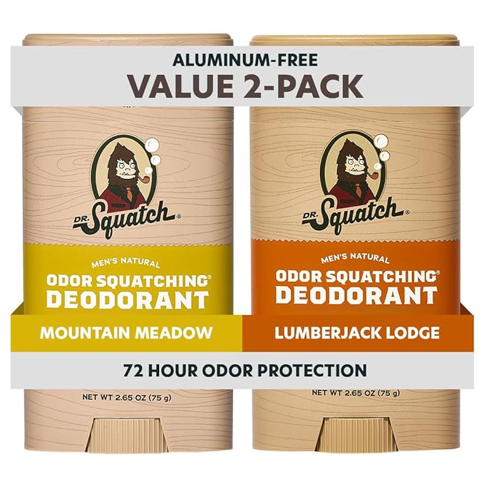 Dr. Squatch Natural Deodorant for Men - Odor-Squatching Aluminum Free - Mountain Meadow & Lumberjack Lodge (2.65 oz, 2-Pack)