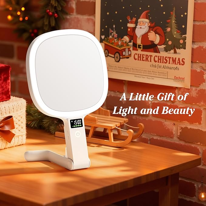 Auxmir Travel Makeup Mirror with Lights, Double Sided 30X/1X Lighted Magnifying Mirror, LED Display & 3 Color & Dimmable Brightness, Rechargeable Portable Vanity Mirror, Tabletop/Handheld/Hanging