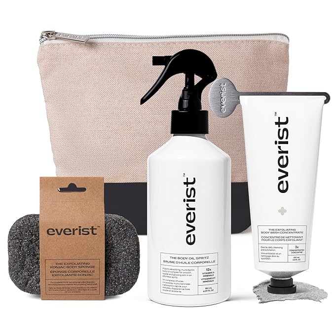 Everist The Silky Skin Ritual Set, 3.4 fl. oz Exfoliating Body Wash Concentrate & 6.09 fl. oz Body Oil Spritz in Jute Travel Bag, Cleansing & Hydrating For All Skin Types