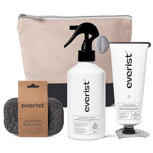 Everist The Silky Skin Ritual Set, 3.4 fl. oz Exfoliating Body Wash Concentrate & 6.09 fl. oz Body Oil Spritz in Jute Travel Bag, Cleansing & Hydrating For All Skin Types