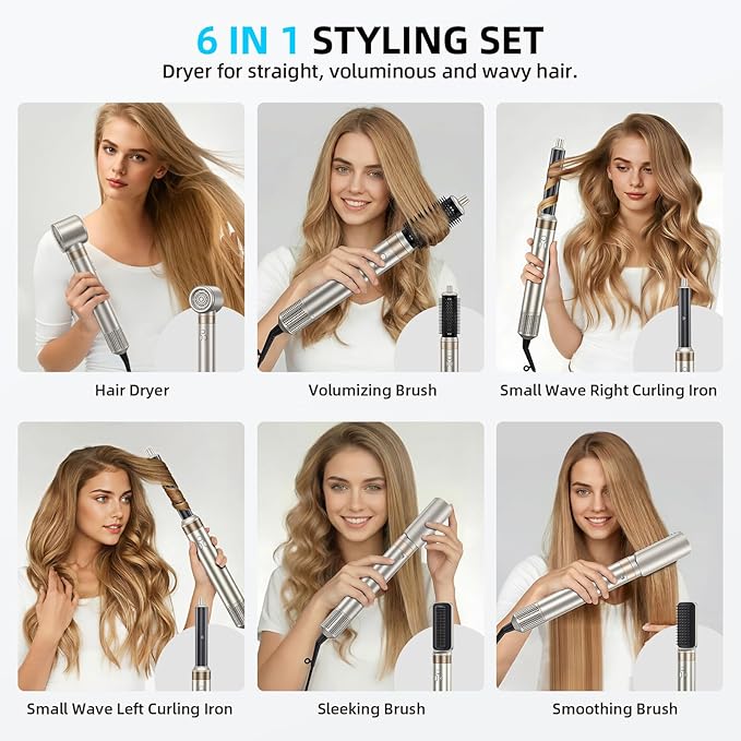 6-in-1 Hair Styler, Hair Dryer, Multi-Function Hot Air Brush Set, Ionic Blow Dryer with Interchangeable Attachments for Curling, Straightening (Champagne Gold)