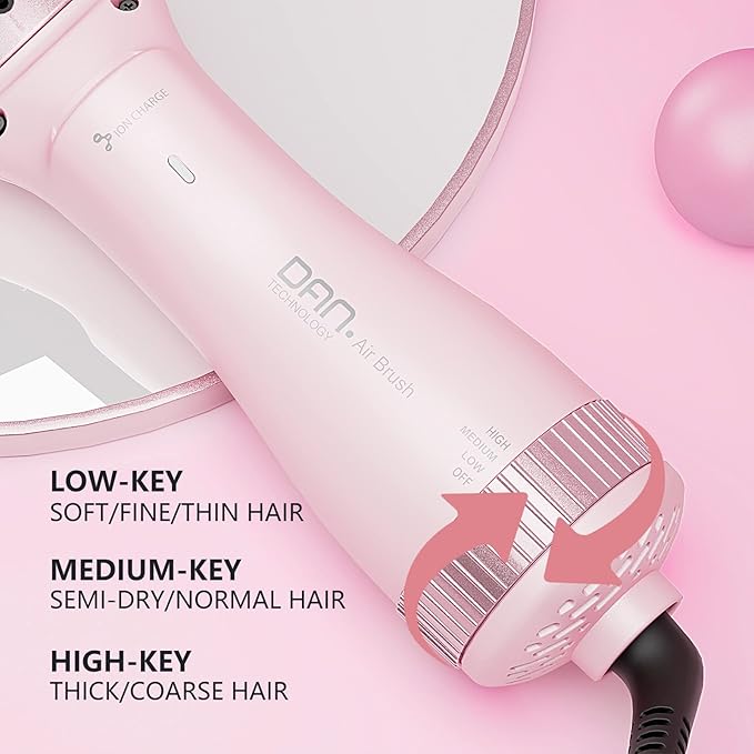 DAN Technology Hair Dryer, Negative Ion 3 in 1 Paddle Brush Dryer & Styler, Pink, 600W, for Damaged Hair, with 2 Speeds, 3 Heating Settings, Nylon Material, ALCI Safety Plug, [IN] Hair Care or Beauty
