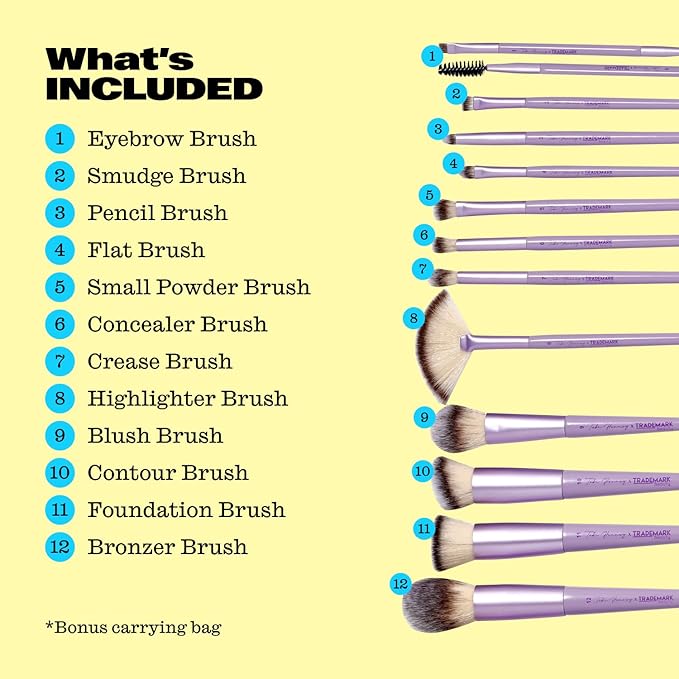 Trademark Beauty The Essentials Makeup Brush Collection - Makeup Brushes, Synthetic Bristles, Blending, Shading, Contour - Lavender, 12-Piece Set