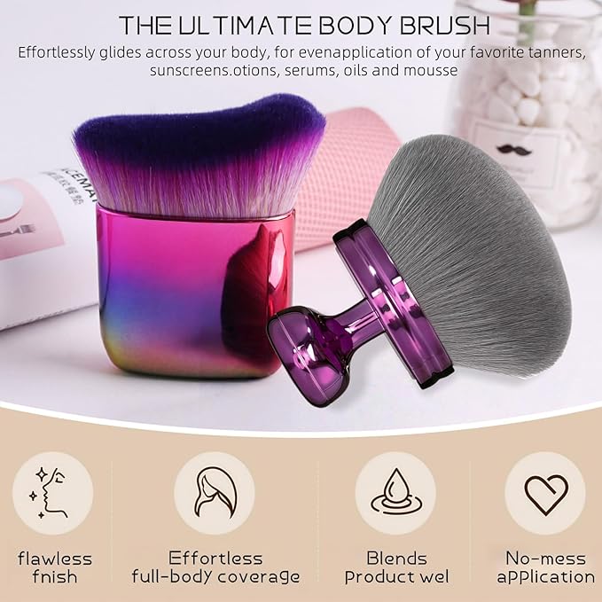 Extra Large Body Makeup Brush For Self Tanner, Leg Makeup &Bronzer Blend, 2 Pack Wide-headed Kabuki Brush Provides More Even &Pretty Application, Oval Face&Back Makeup Brush, Wet&Dry Use