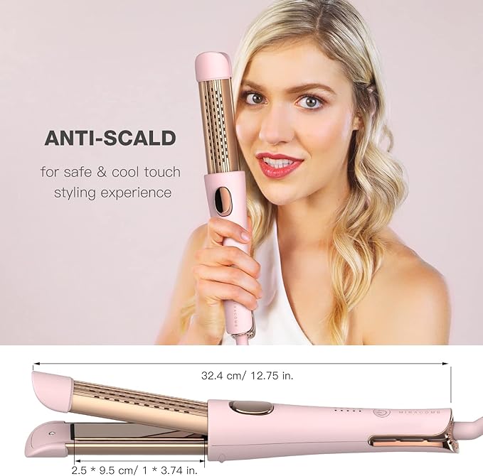 MIRACOMB Cool Air Curler Titanium Curling Wand 2 in 1 Hair Flat Iron 1” Styler for Loose Curls and Straight Styles, Max 430F, Auto Off, Dual Voltage (Pink)