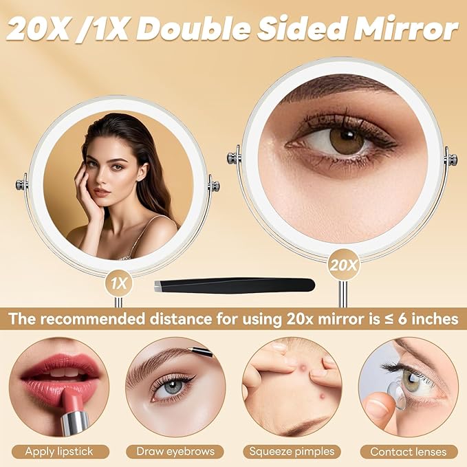20X/1X Lighted Vanity Makeup Mirror, 3000mAh Rechargeable Height Adjustable Double Sided Magnifying Mirror, 3 Color Light, Brightness Adjustable, 360° Rotation, Women Gift