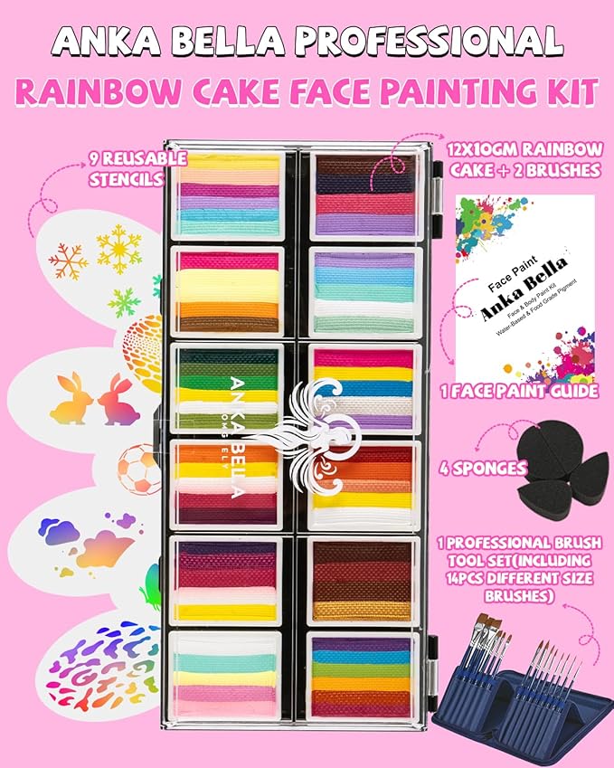 Anka Bella Professional Face Painting Kit for Kids Adults,Water Activated Split Cake Face Paint(12x10gm),Non-Toxic Face Paint Palette for Birthday Parties/Halloween/Carnival