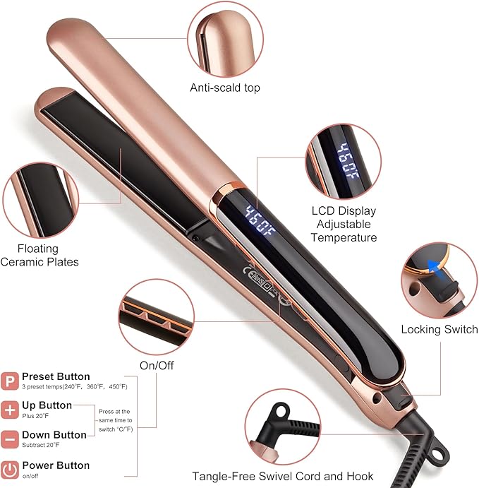 Flat Iron Hair Straightener with Floating Plates Get Shinier & Smoother Hair, 14 Adjustable Temp, Dual Voltage Digital Display 200℉-460℉