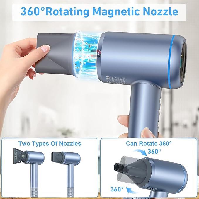 Hair Dryer, 150000 RPM High-Speed Brushless Motor Negative Ionic Fast Drying Blow Dryer with LCD Display, 4 Temps & 3 Speeds and 2 Magnetic Nozzle Hairdryer for Woman Kids Salon