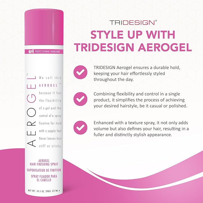 TRIDESIGN Aerogel Hairspray - Strong Hold Hair Finishing Spray for Volumizing & Control, Flexible Styling for All Hair Types, Non-Sticky and Scented - For Women and Men - Pack of 1 (10.5 Oz)