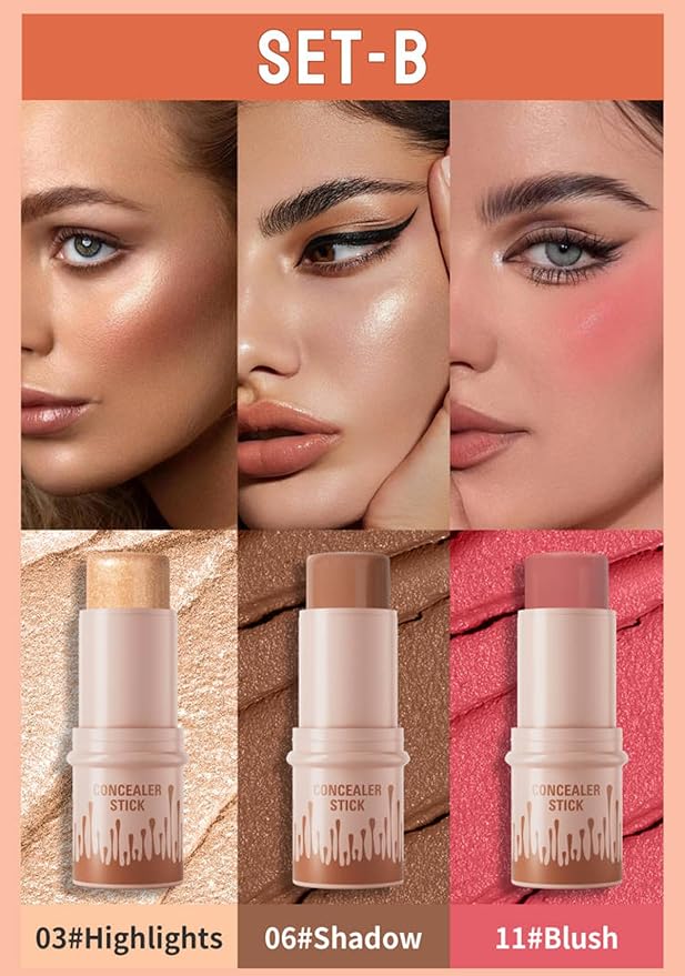 3Pcs Contour Stick Set-Creamy Contour Stick with Blush & Highlighter & Bronzer Not Greasy, Long-Lasting, Waterproof, Contouring Pen Easy to Contour the Face (B)
