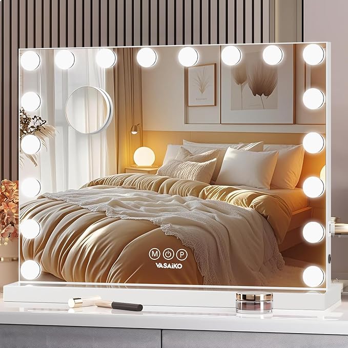 Hollywood Vanity Mirror with Lights, 31.4" x 23.6" Makeup Mirror with 18 LED Dimmable Bulbs, 3 Color Modes, 10X Magnification, USB Charging Port Touch Control