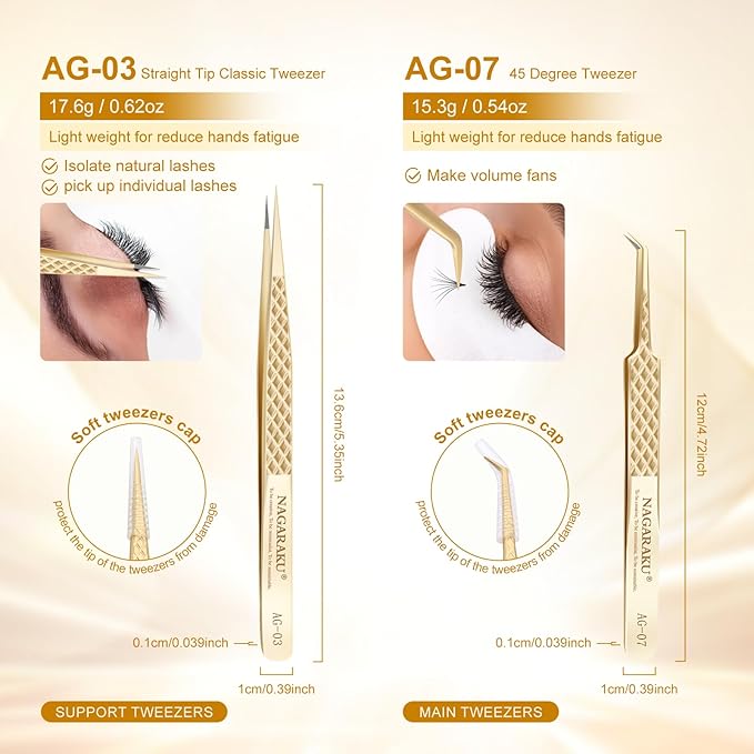 NAGARAKU 1 Pair Precision Fiber Tip Tweezer for Eyelash Extensions Professional Eyelash Tweezers Antistatic Straight & Curved Tip Tweezers with Box(Isolation & Volume Lash Tweezers AG-03 & AG-07)