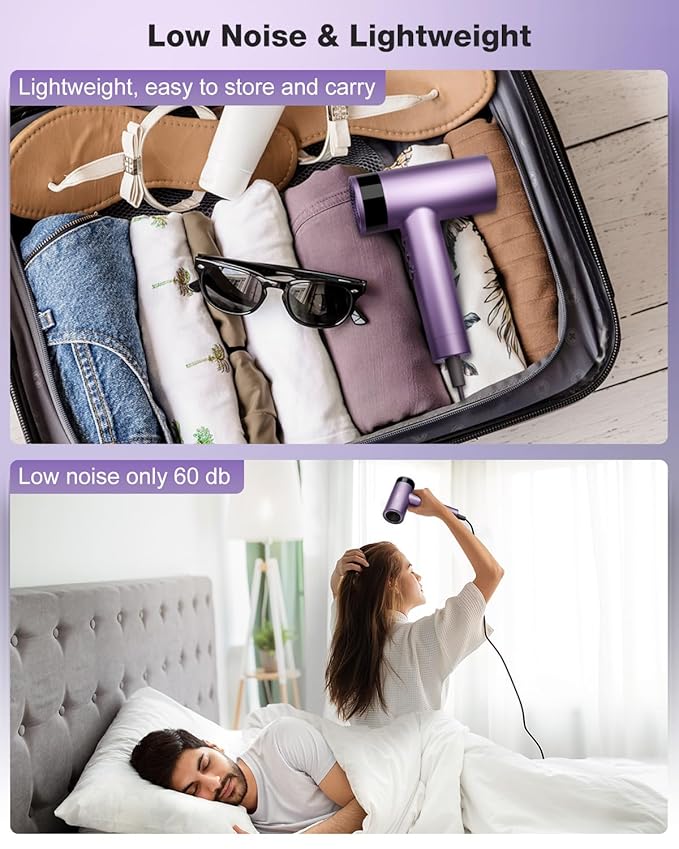 KNKA Hair Dryer, 1500W High Speed Blow Dryer with 4 Temps & 3 Speeds, Fast-Drying Negative Ionic Hair Dryer for Women, 110,000 RPM Hairdryer Low Noise with Nozzle for Home Travel Salon, Purple
