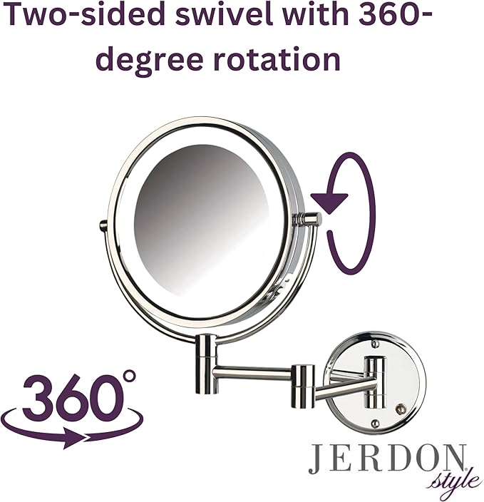 JERDON Wall-Mounted Vanity Mirror with Lights - Lighted Makeup Mirror with 8X Magnification & Chrome Finish - Plug in Model HL88CL