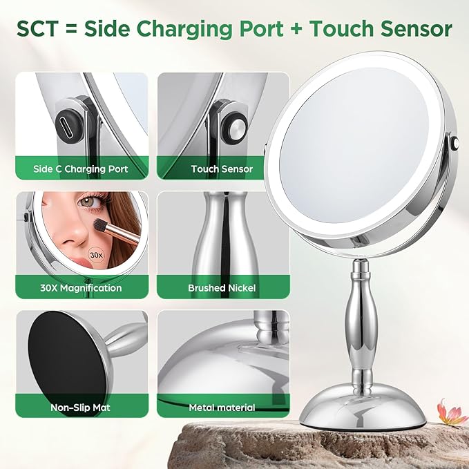 30x Magnifying Mirror, Lighted Makeup Mirror with 3 Colors Modes & Adjustable Brightness, 5000mAh Rechargeable, 360° Rotation Double Side, Large Magnifying Vanity Mirror, Gifts for Women