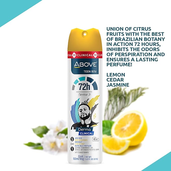 ABOVE Neymar Jr Teen Boy - 72H Antiperspirant Spray Deodorant for Men 5.07 Fl Oz(4 Pack) | Aluminum-Free | Fresh Mist, No Stain & Alcohol, Long-Lasting Men's Deodorant Spray | Lemon, Cedar, Jasmine