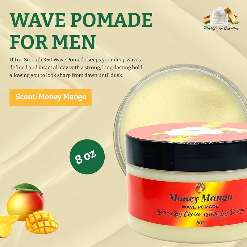 Ultra-Smooth 360 Wave Pomade for Men, Deep Waves, Strong Hold and Shine for Wavy Hair, Shea Butter and Mango Butter, Non-Greasy Formula (Money Mango Pomade, 8oz)